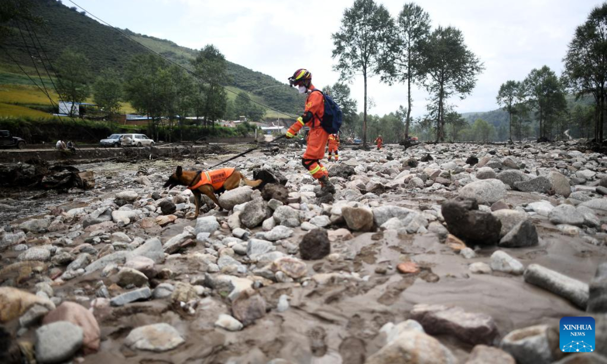 Rescuers are seen in operation at Shadai Village, Qingshan Township of Datong Hui and Tu Autonomous County in northwest China's Qinghai Province, Aug 18, 2022. Photo:Xinhua