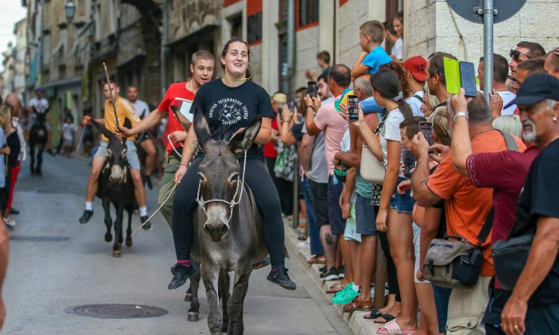 People take part in a donkey race in Vodnjan, Croatia, on Aug. 13, 2022.  Photo: Xinhua