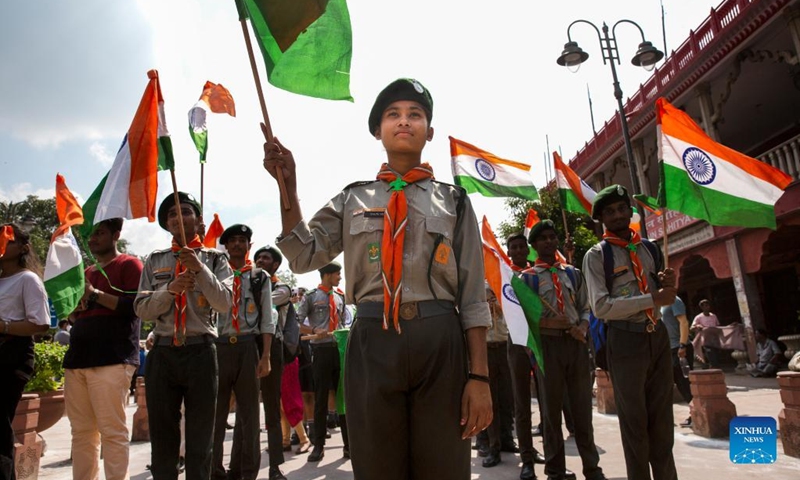 Students take part in a rally ahead of the Independence Day in New Delhi, India, Aug. 9, 2022. Independence Day is celebrated annually on Aug. 15 in India.(Photo: Xinhua)
