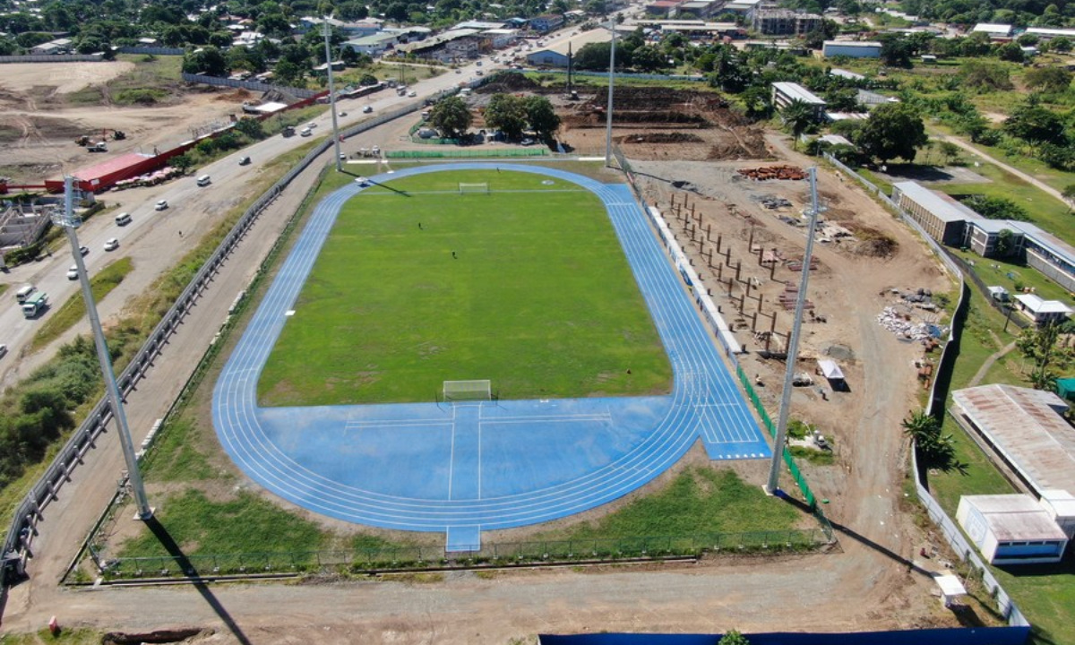 An aerial photo taken on May 4, 2022, shows the Chinese-built athletic track and the football pitch under a Stadium Project for the 2023 Pacific Games in Honiara, the Solomon Islands. Photo:Xinhua
