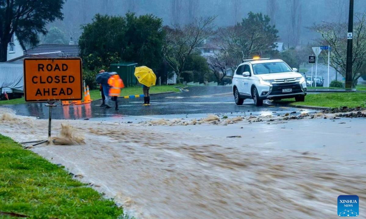 Floodwater cuts off a road in Nelson of South Island, New Zealand, Aug. 19, 2022. More than 400 homes in Nelson of New Zealand's South Island have been evacuated after the region has been hit hard by continued heavy rain, flooding and landslides. Photo:Xinhua