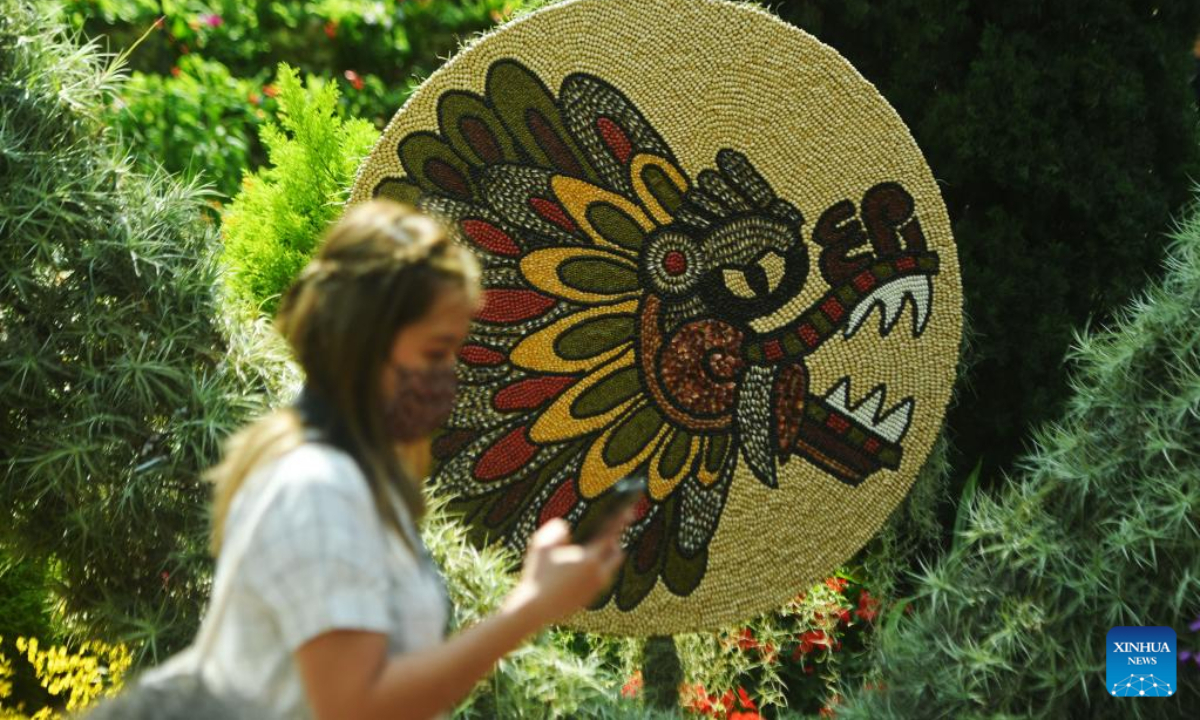 A seed mosaic art medallion is displayed during the opening day of Hanging Gardens - Mexican Roots floral display, held at Flower Dome of the Singapore's Gardens by the Bay on Aug 19, 2022. Photo:Xinhua
