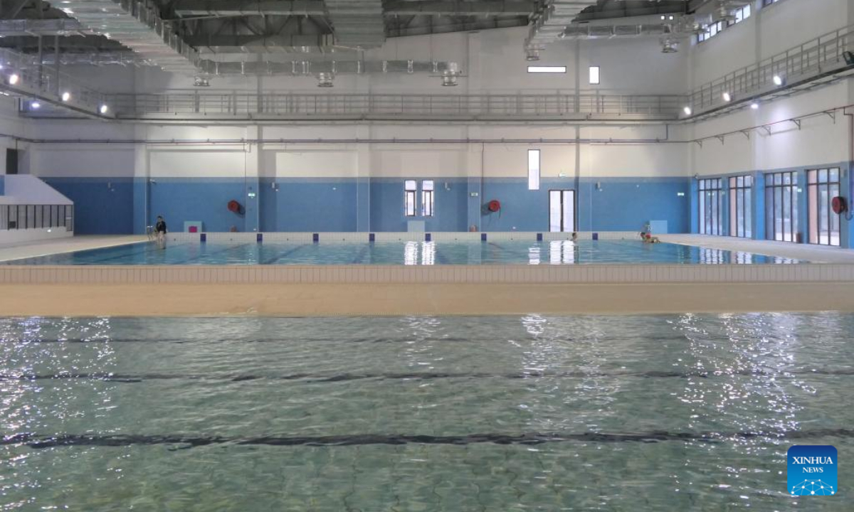 Photo taken on Aug 11, 2022 shows an indoor swimming pool of the Ben Arous Sports and Cultural Center for Youth in Ben Arous province, Tunisia. The China-aided Ben Arous Sports and Cultural Center for Youth in northeastern Tunisia will be delivered to Tunisian authorities within a month, Tunisian Sports and Youth Minister Kamel Deguiche has said.Photo:Xinhua