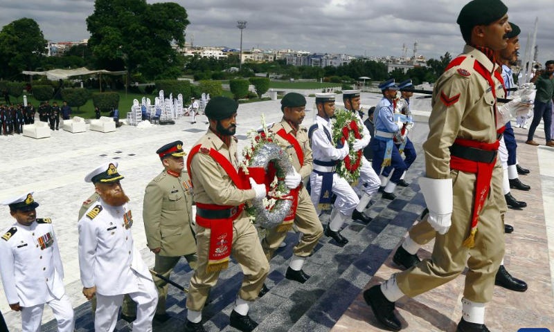 Pakistani soldiers attend a ceremony to mark the country's Independence Day in southern Pakistani port city of Karachi on Aug. 14, 2022. Photo: Xinhua
