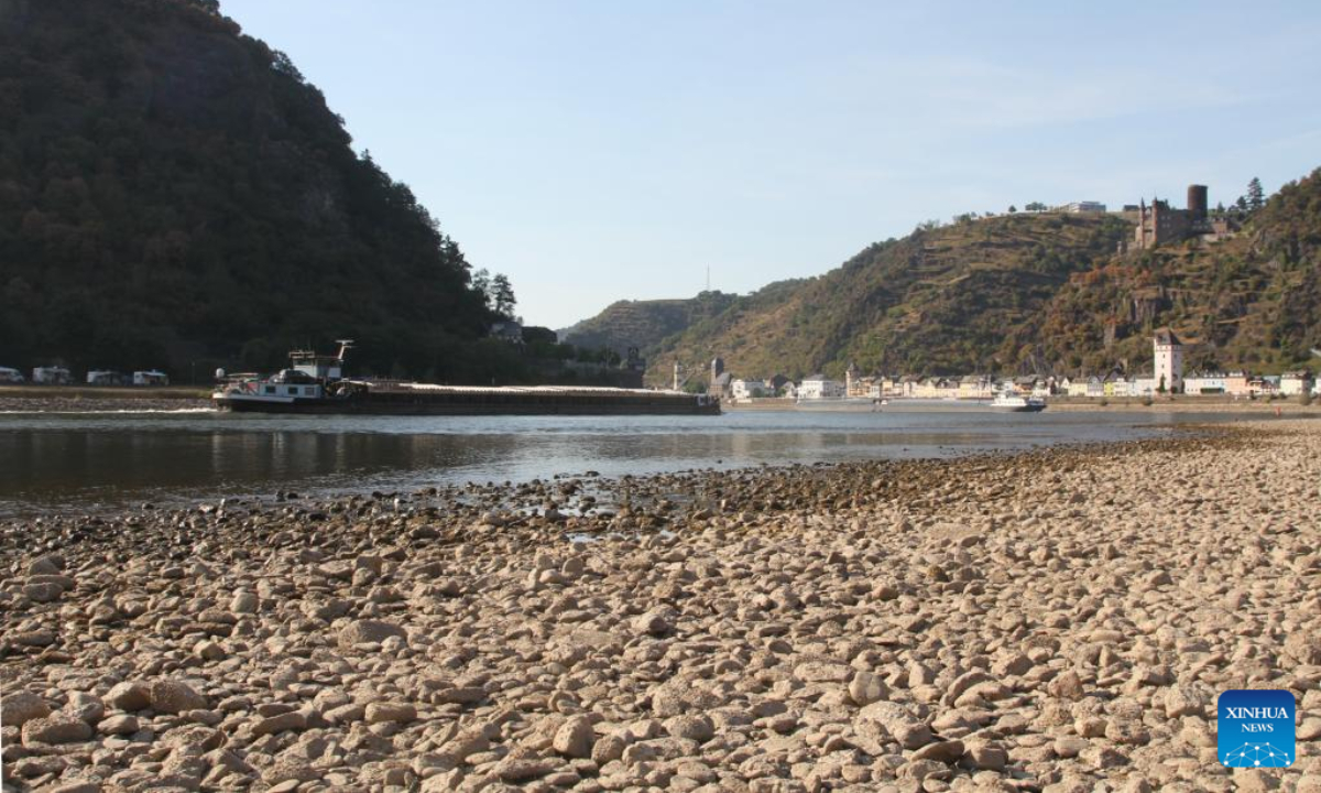 Photo taken on Aug. 11, 2022 shows the exposed riverbed of river Rhine in Kaub in the state of Rhineland-Palatinate, Germany. The water level of river Rhine has dropped due to high temperature and drought. Photo:Xinhua