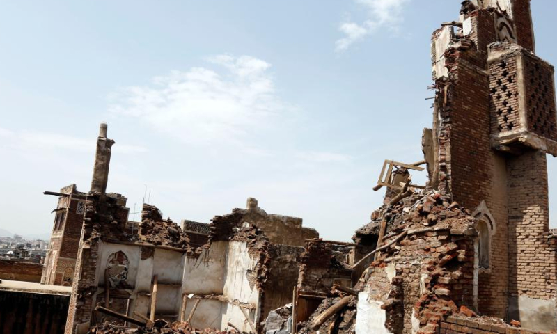 Photo taken on Aug. 10, 2022 shows a building badly damaged in days of heavy rainfall in the old city of Sanaa, Yemen. The old city of Sanaa was inscribed on the World Heritage List of the UNESCO in 1986. (Photo by Mohammed Mohammed/Xinhua)