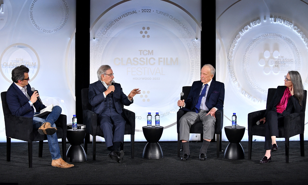 Steven Spielberg (2nd left) speaks onstage at the screening of Giant during the 2022 TCM Classic Film Festival on April 22, 2022, in Los Angeles. Photo: AFP