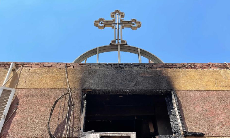 Photo taken on Aug. 14, 2022 shows the fire site at a Coptic church in Giza Province, Egypt. At least 41 people were killed and 12 injured in a massive fire that broke out in a Coptic church in Egypt's Giza Province on Sunday, the Egyptian Health Ministry said. Photo: Xinhua
