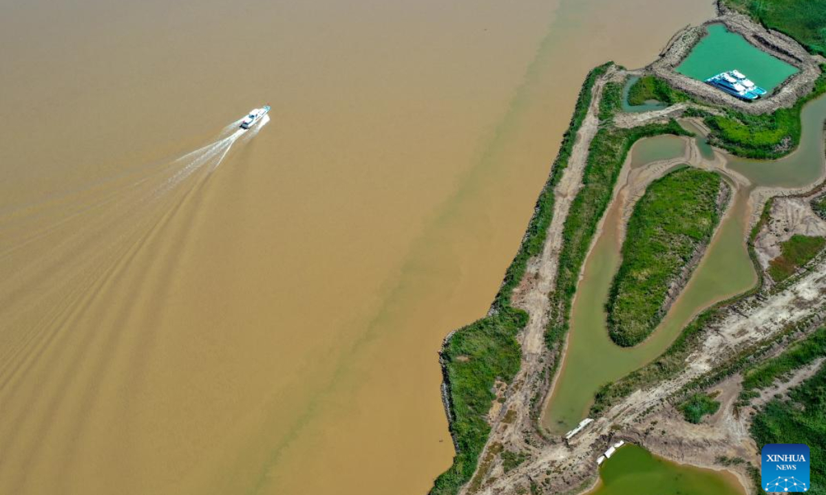 Aerial photo taken on Aug 17, 2022 shows the watercourse of the Yellow River at the Yellow River Delta National Nature Reserve in Dongying, east China's Shandong Province. Photo:Xinhua