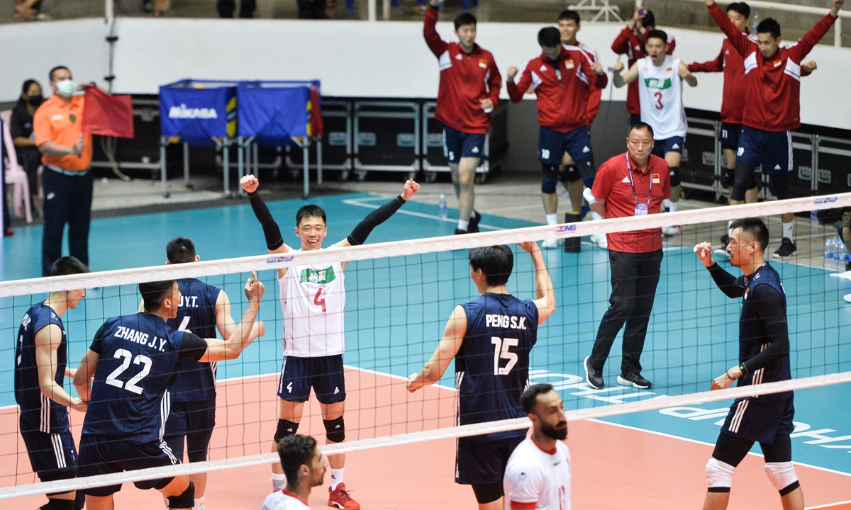 Players of China celebrate during the 2022 Asian Volleyball Confederation Cup match between China and Bahrain in Nakhon Pathom, Thailand on August 9, 2022. Photo: Xinhua