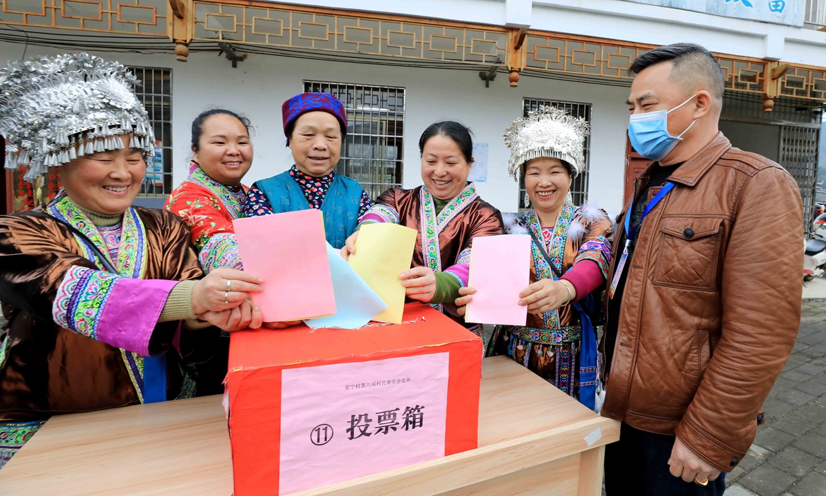 Some ethnic Miao women vote to elect village officials in Anning village, Liuzhou of Southwest China's Guangxi Zhuang Autonomous Region on February 8, 2021. Photo: VCG