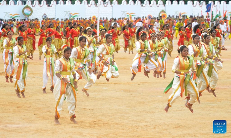 School children perform during India's Independence Day celebrations, in Bangalore, India, Aug. 15, 2022. (Str/Xinhua)