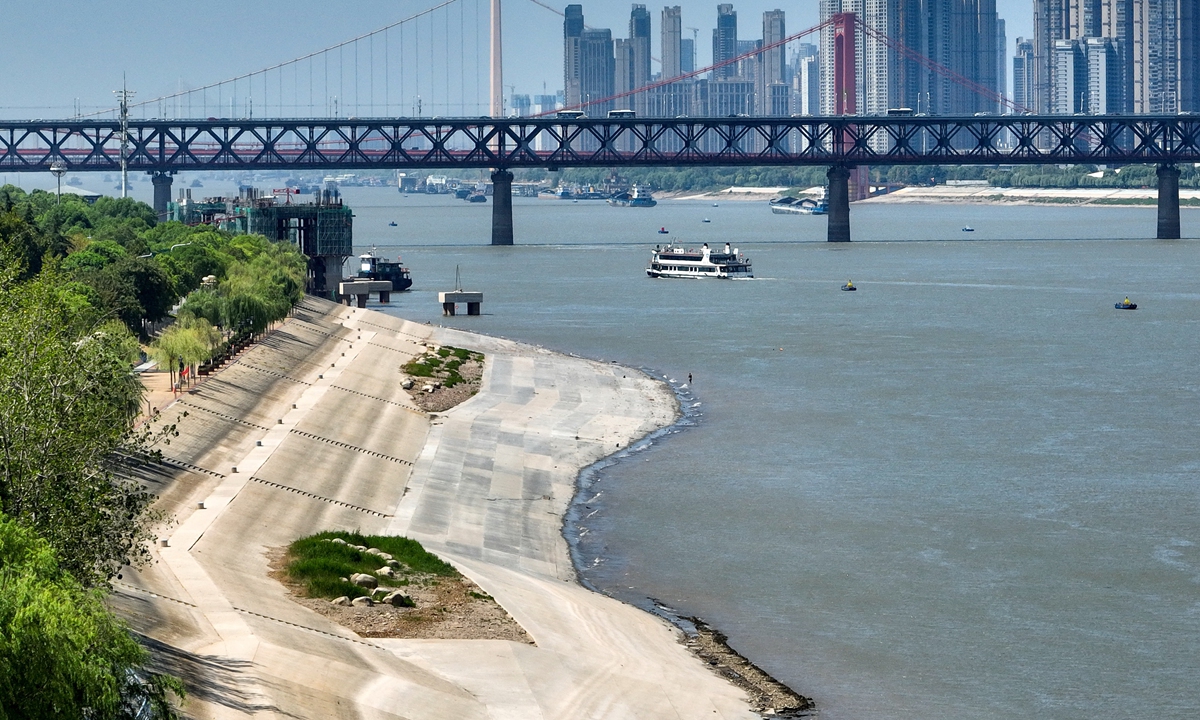 A large area of a beach along the Yangtze River is seen from above in Wuhan, Central China's Hubei Province on August 15, 2022. On that day, the water level in many parts of the Yangtze River was the lowest for the period since hydrological records began in 1865. Photo: VCG