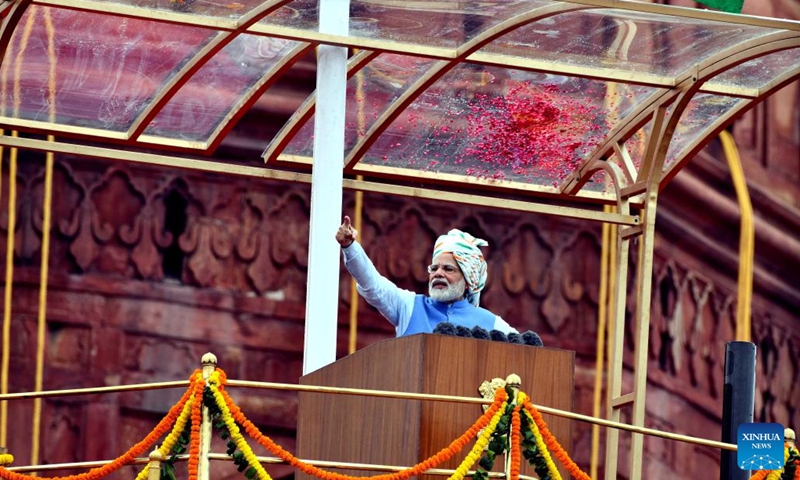 Indian Prime minister Narendra Modi addresses the nation from the rampart of the historic Red Fort on the occasion of India's Independence Day in Delhi, India, Aug. 15, 2022. (Str/Xinhua)