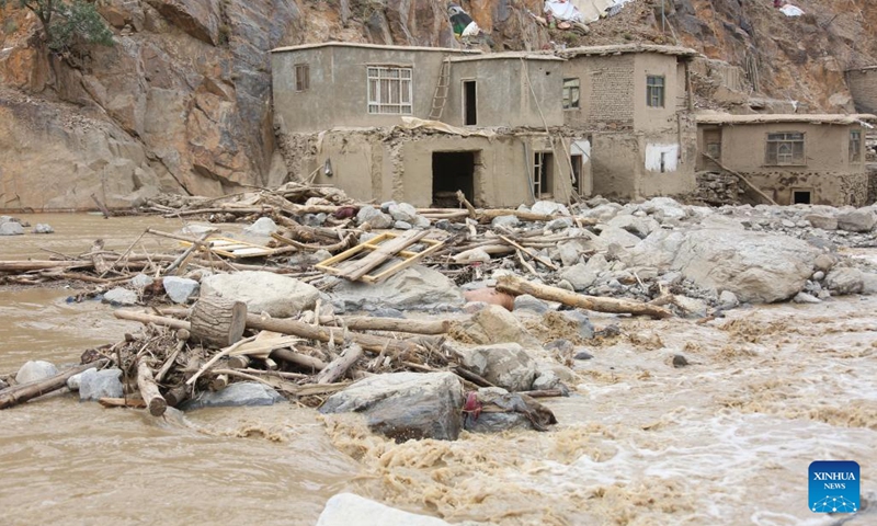 Photo taken on Aug. 15, 2022 shows a building demolished by the flood in Parwan province, Afghanistan. At least 17 people have been confirmed dead and scores of houses washed away as flash floods swept through several villages in Shinwari district and adjoining areas in eastern Afghanistan's Parwan province on Sunday, district chief Mullah Khan Mohammad said Monday.(Photo: Xinhua)