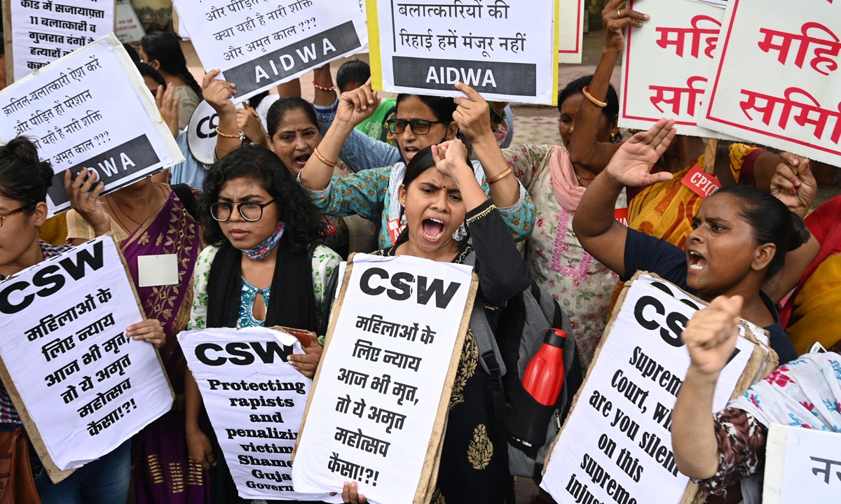 Activists shout slogans during a protest against the release of 11 men convicted of gang-rape during the 2002 communal riots in the Indian state of Gujarat, in New Delhi on August 18, 2022. Eleven Hindu men jailed for life for the gang-rape of a pregnant Muslim woman during Hindu-Muslim riots in 2002 have been freed on remission, officials said earlier this week, drawing condemnation from the victim's husband, lawyers and politicians. Photo: VCG