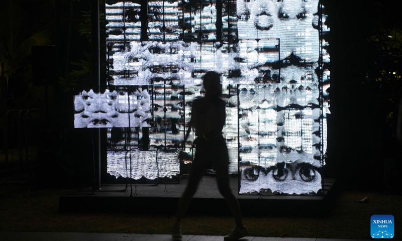 A visitor views light installations during the media preview of the Singapore Night Festival in Singapore on Aug. 17, 2022.(Photo: Xinhua)