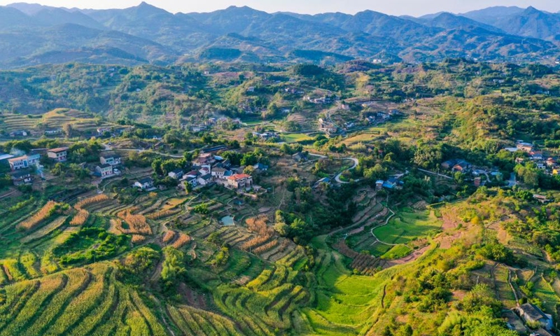 Aerial photo taken on Aug. 16, 2022 shows the scenery of Shiping Village of Sansheng Town, Beibei District, southwest China's Chongqing. (Xinhua/Wang Quanchao)