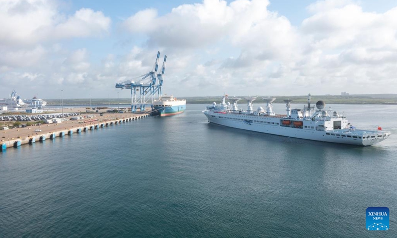 Photo taken on Aug. 16, 2022 shows China's space-tracking ship Yuanwang-5 docking at Sri Lanka's Hambantota International Port in Hambantota, Sri Lanka. China's space-tracking ship Yuanwang-5 has docked at Sri Lanka's Hambantota International Port for replenishment purposes.(Photo: Xinhua)
