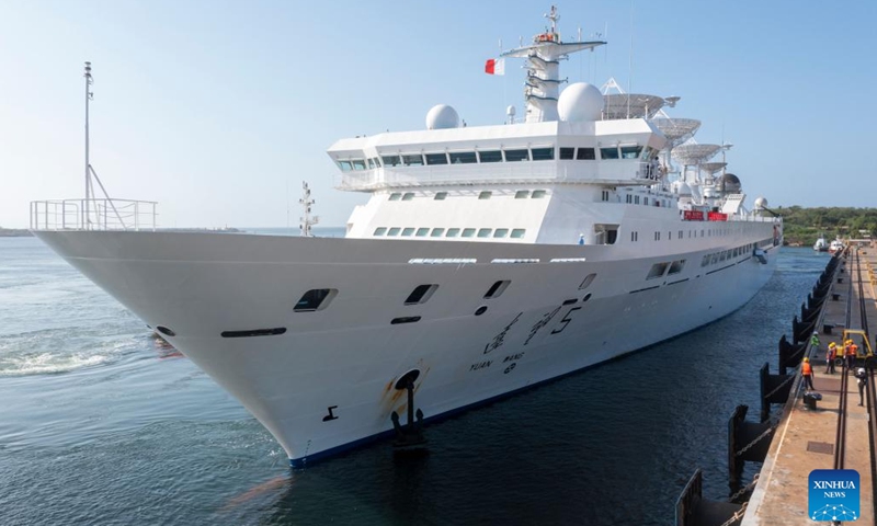 Photo taken on Aug. 16, 2022 shows China's space-tracking ship Yuanwang-5 docking at Sri Lanka's Hambantota International Port in Hambantota, Sri Lanka. China's space-tracking ship Yuanwang-5 has docked at Sri Lanka's Hambantota International Port for replenishment purposes.(Photo: Xinhua)