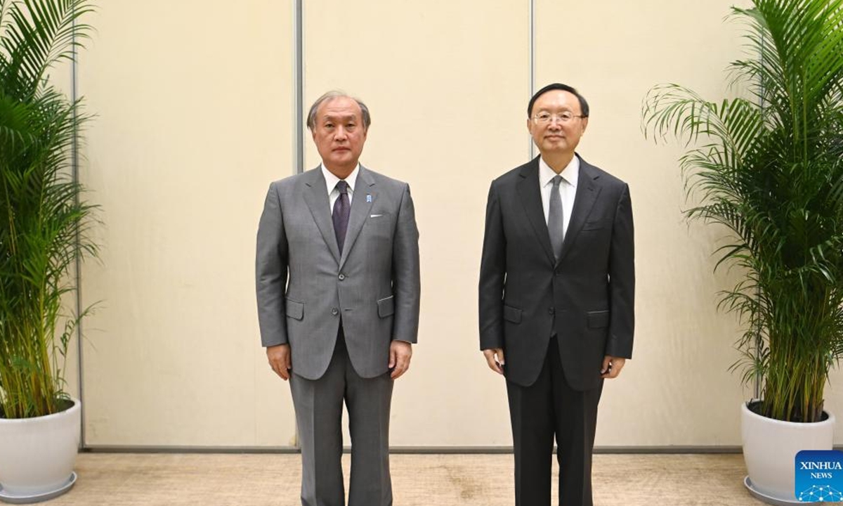 Yang Jiechi, a member of the Political Bureau of the Communist Party of China (CPC) Central Committee and director of the Office of the Foreign Affairs Commission of the CPC Central Committee, co-chairs the ninth China-Japan high-level political dialogue with Takeo Akiba, secretary general of Japan's National Security Secretariat, in Tianjin, north China, Aug. 17, 2022. Photo:Xinhua