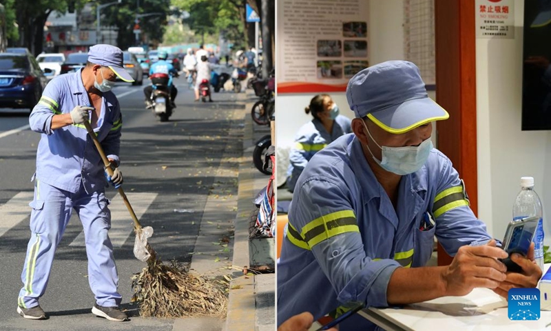 In this combo photo taken on Aug. 16, 2022, the left part shows sanitation worker Yang Xiucong sweeping the Feihong Road; the right part shows Yang using a mobile phone during a break at a rest station in Hongkou District, east China's Shanghai. The hot weather in Shanghai this summer has brought severe challenges to outdoor work. (Photo: Xinhua)