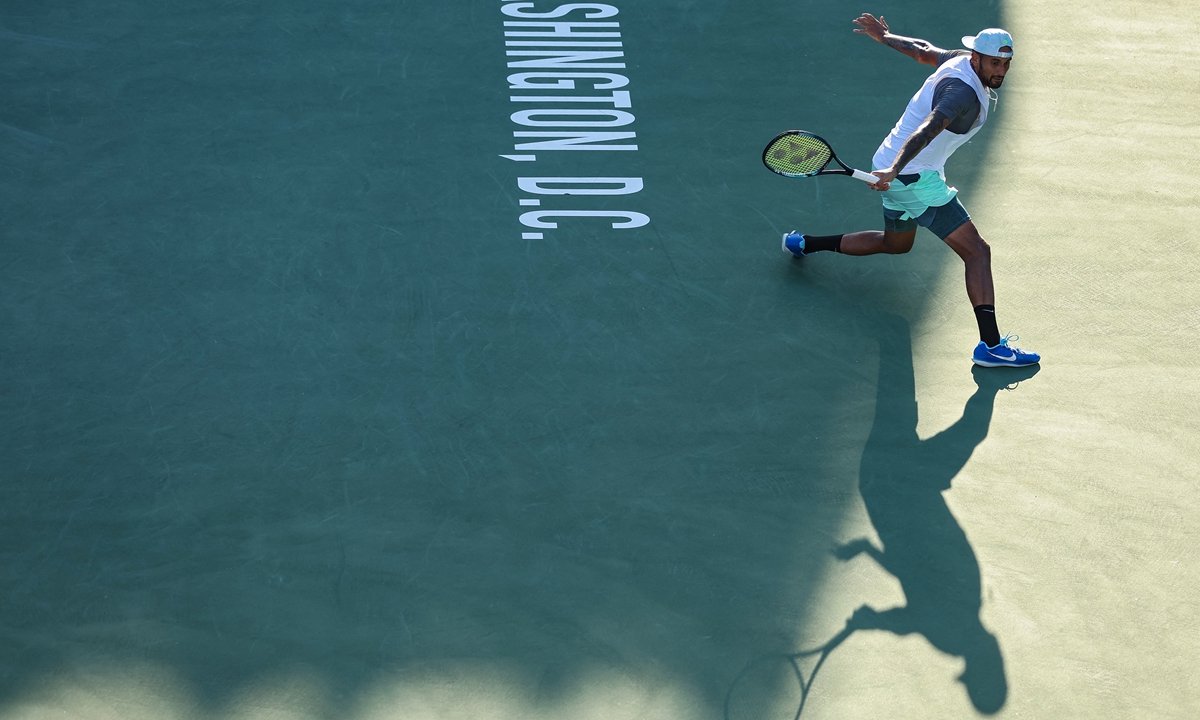Nick Kyrgios of Australia returns a shot to Yoshihito Nishioka of Japan in their Men's Singles Final match during Day 9 of the Citi Open at Rock Creek Tennis Center in Washington DC on August 7, 2022. Photo: AFP