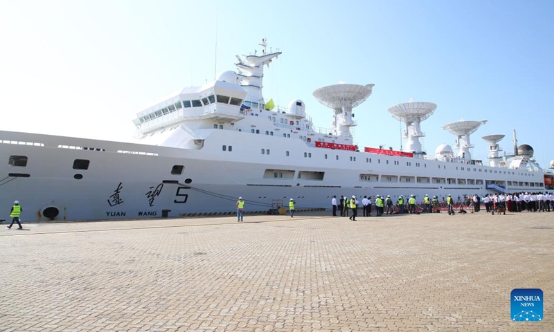 Photo taken on Aug. 16, 2022 shows China's space-tracking ship Yuanwang-5 docking at Sri Lanka's Hambantota International Port in Hambantota, Sri Lanka. China's space-tracking ship Yuanwang-5 has docked at Sri Lanka's Hambantota International Port for replenishment purposes. Chinese Ambassador to Sri Lanka Qi Zhenhong, Sri Lankan government officials and representatives of Chinese enterprises greeted the ship at the pier on Tuesday.(Photo: Xinhua)