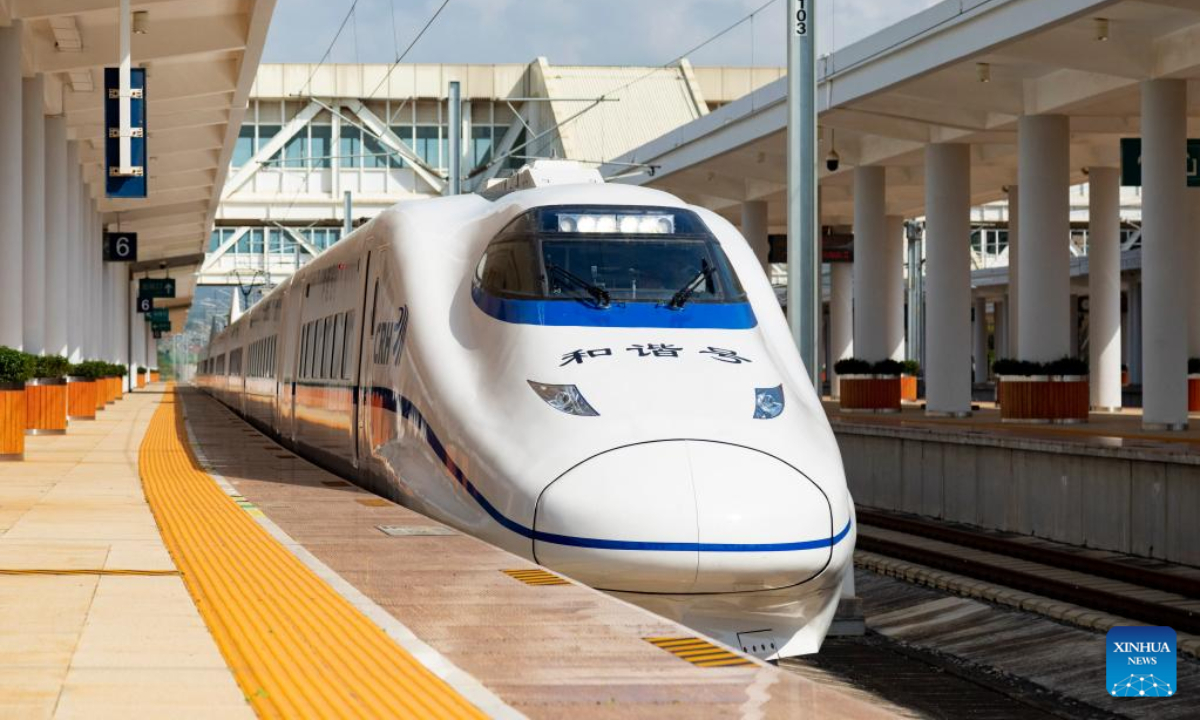 A comprehensive inspection train departs from Mile Railway Station on the Mile-Mengzi high-speed railway in Honghe Hani and Yi Autonomous Prefecture, southwest China's Yunnan Province, Aug. 23, 2022. The 107-km railway with a designed speed of 250 kilometers per hour started a test run recently. Photo:Xinhua
