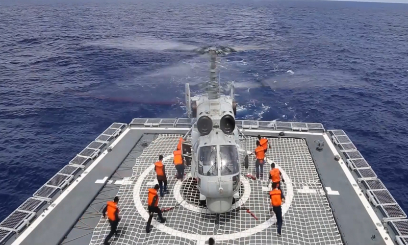 A Ka-28 anti-submarine helicopter of the Chinese People's Liberation Army (PLA) on the flight deck of the Type 052C guided missile destroyer Changchun on August 8, 2022. The PLA Eastern Theater Command continued realistic combat-oriented joint exercises in sea and air space around the island of Taiwan on Monday. Photo: Courtesy of PLA Eastern Theater Command's Sina Weibo account