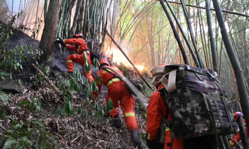 Firefighters at the frontline fighting the mountain fire in Chongqing Photo: Yunnan Provincial Forest Fire Brigade