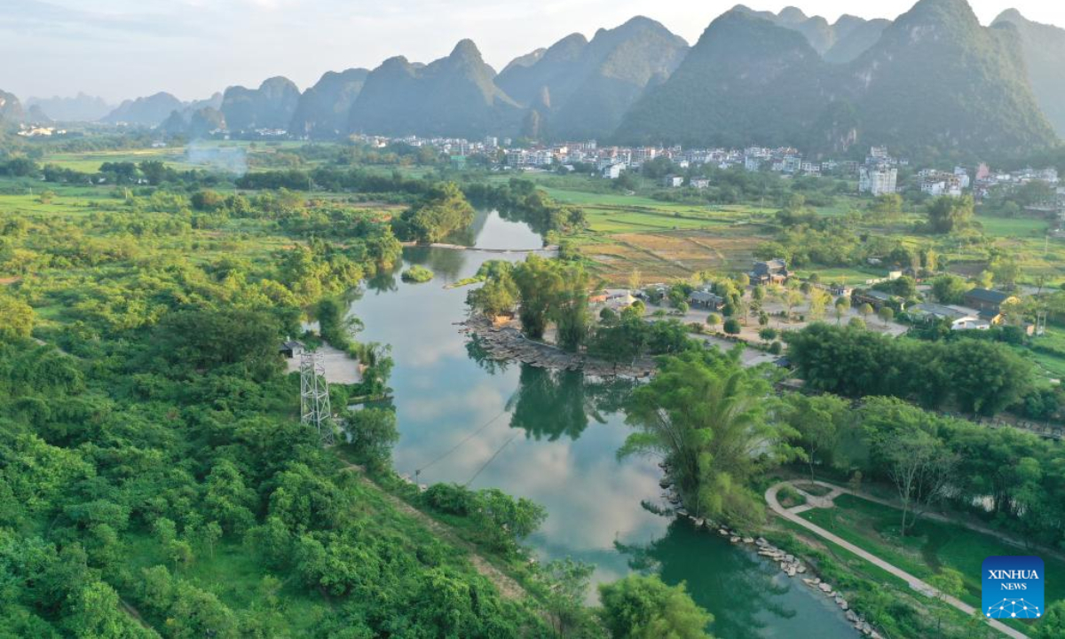Aerial photo taken on Aug. 24, 2022 shows the scenery along Yulong River in Yangshuo County, Guilin City, south China's Guangxi Zhuang Autonomous Region. Photo:Xinhua