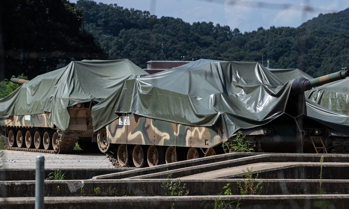 Some tanks park in Paju, South Korea, on August 21, one day before the US and South Korea are scheduled to begin the Ulchi Freedom Shield drills from August 22 to September 1 in South Korea. Photo: VCG 
