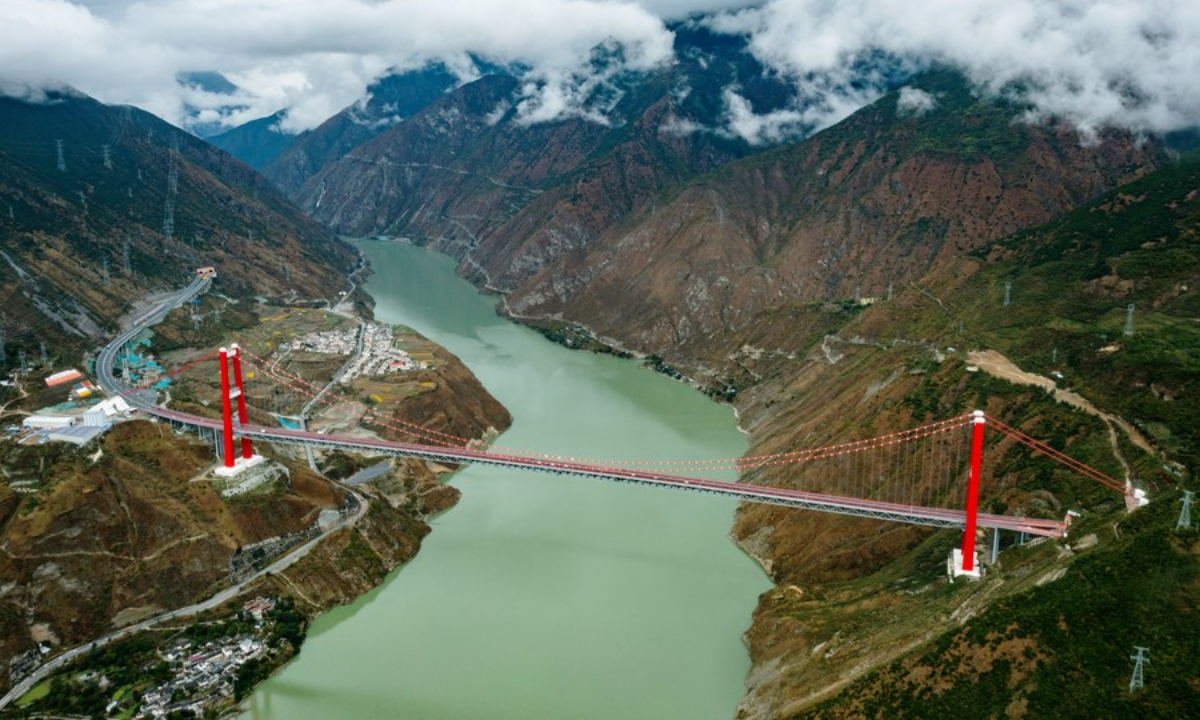 Aerial photo taken on Oct. 21, 2021 shows the Luding Dadu River Bridge on the Ya'an-Kangding expressway in southwest China's Sichuan Province. Photo:Xinhua