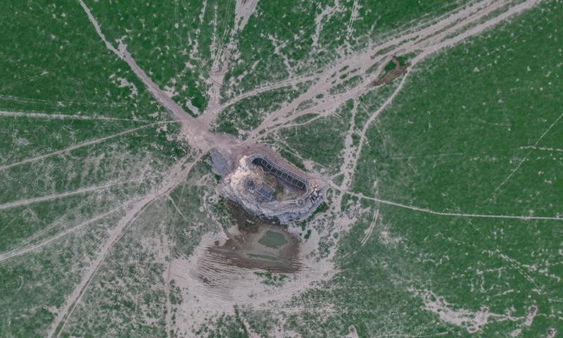 Drone photo shows the historic site of Luoxingdun Island fully visible due to the lower water level in Poyang Lake, China's largest freshwater lake, in Nanchang, east China's Jiangxi Province, Aug. 21, 2022.Photo: China News Service