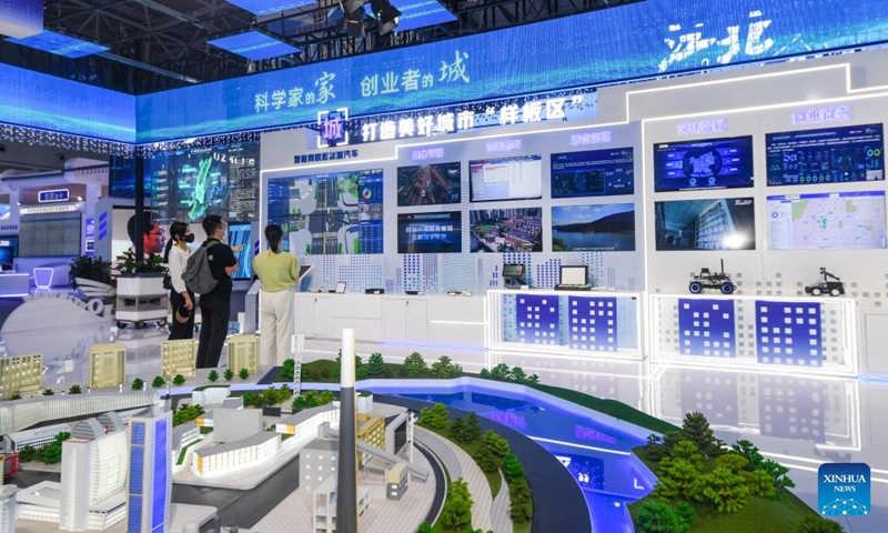 Photo taken on Aug. 21, 2022 shows an exhibition hall of the 2022 Smart China Expo in southwest China's Chongqing. The 2022 Smart China Expo is set to be held from August 22 to 24 both online and offline.Photo:Xinhua