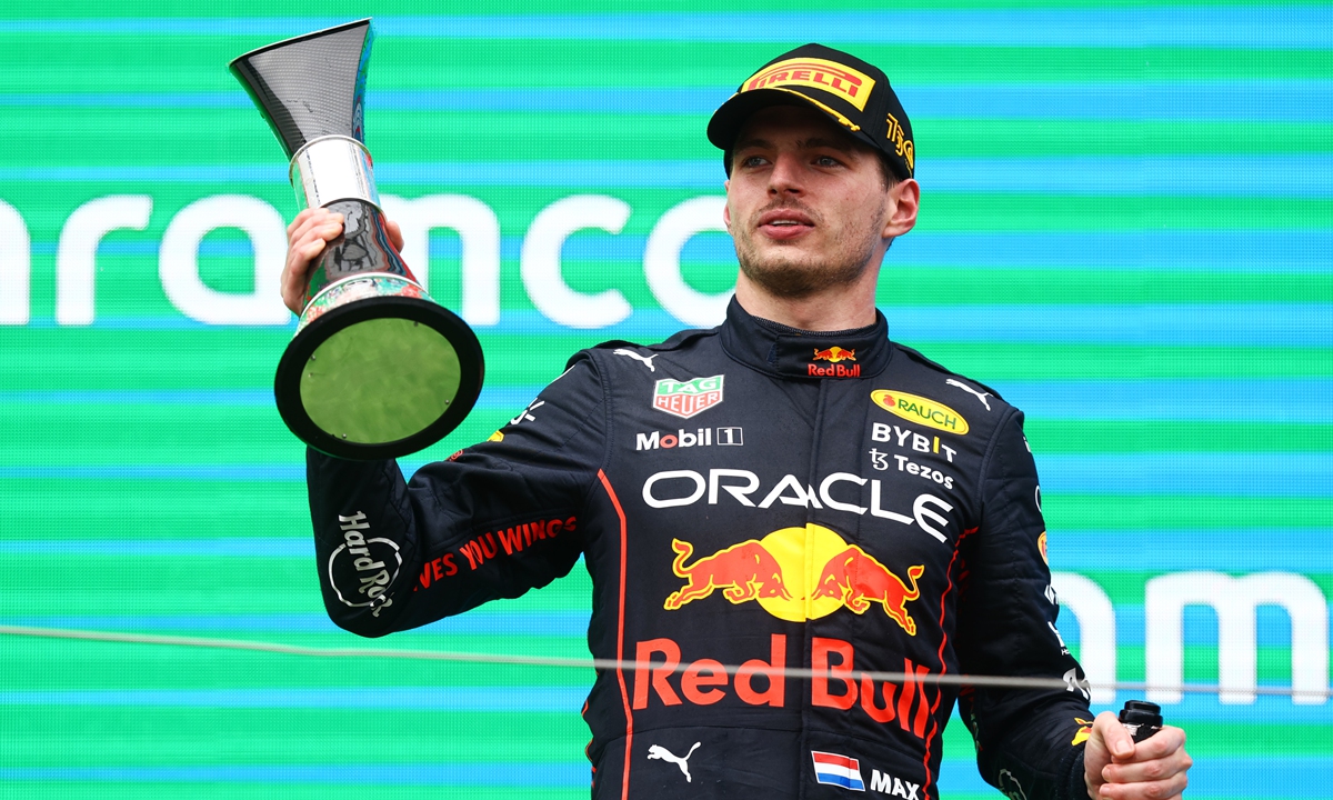 Race winner Max Verstappen of the Netherlands and Oracle Red Bull Racing celebrates on the podium in Budapest, Hungary on July 31, 2022. Photo: VCG
