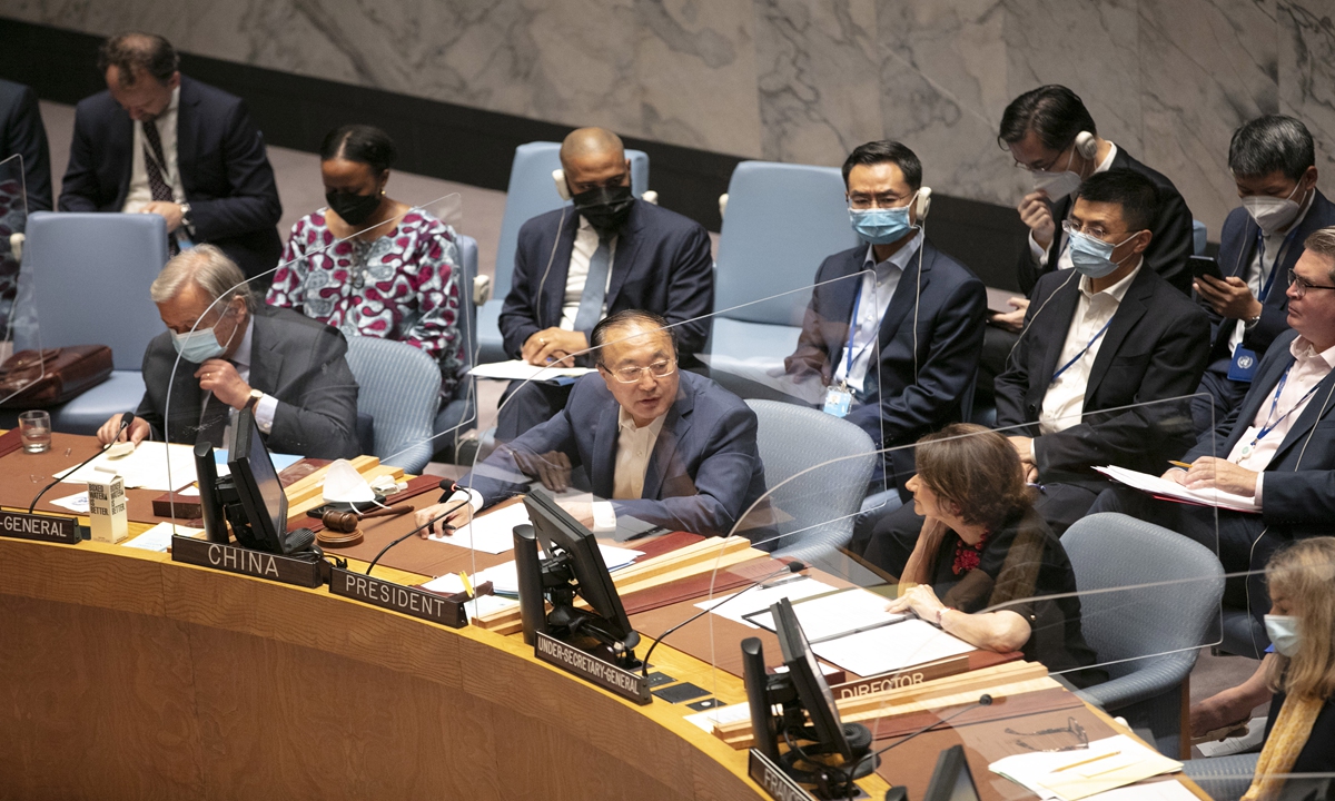 Ambassador Zhang Jun (center) at the UN Security Council Briefing on Ukraine on Wednesday. China has taken over the rotating presidency of the UN Security Council for August. Photo: VCG