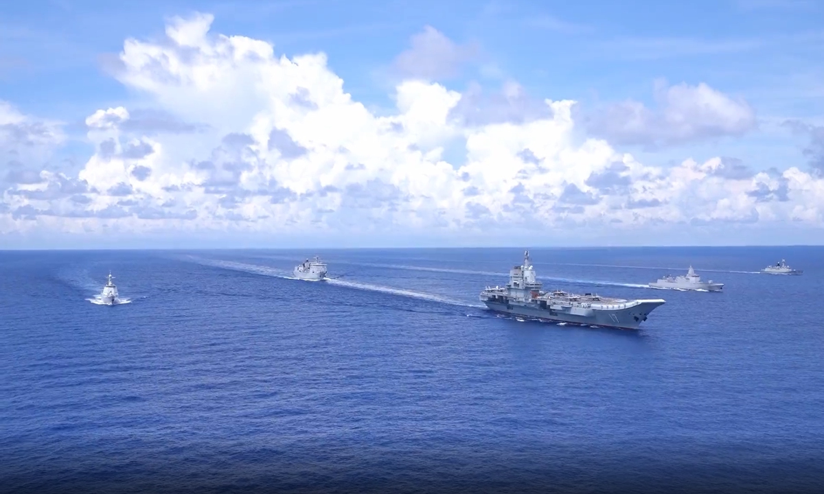 The Chinese People's Liberation Army (PLA) Navy's aircraft carrier <em>Shandong</em> conducts realistic combat-oriented exercises in the South China Sea in the early autumn of 2022. Photo: Screenshot from the WeChat account of the PLA South Sea Fleet