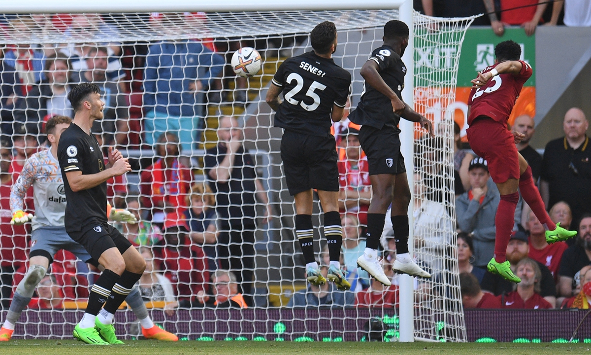 Liverpool's Colombian midfielder Luis Diaz (first right) scores their ninth goal during the English Premier League soccer match between Liverpool and Bournemouth at Anfield in Liverpool, northwest England on August 27, 2022. Photo: AFP