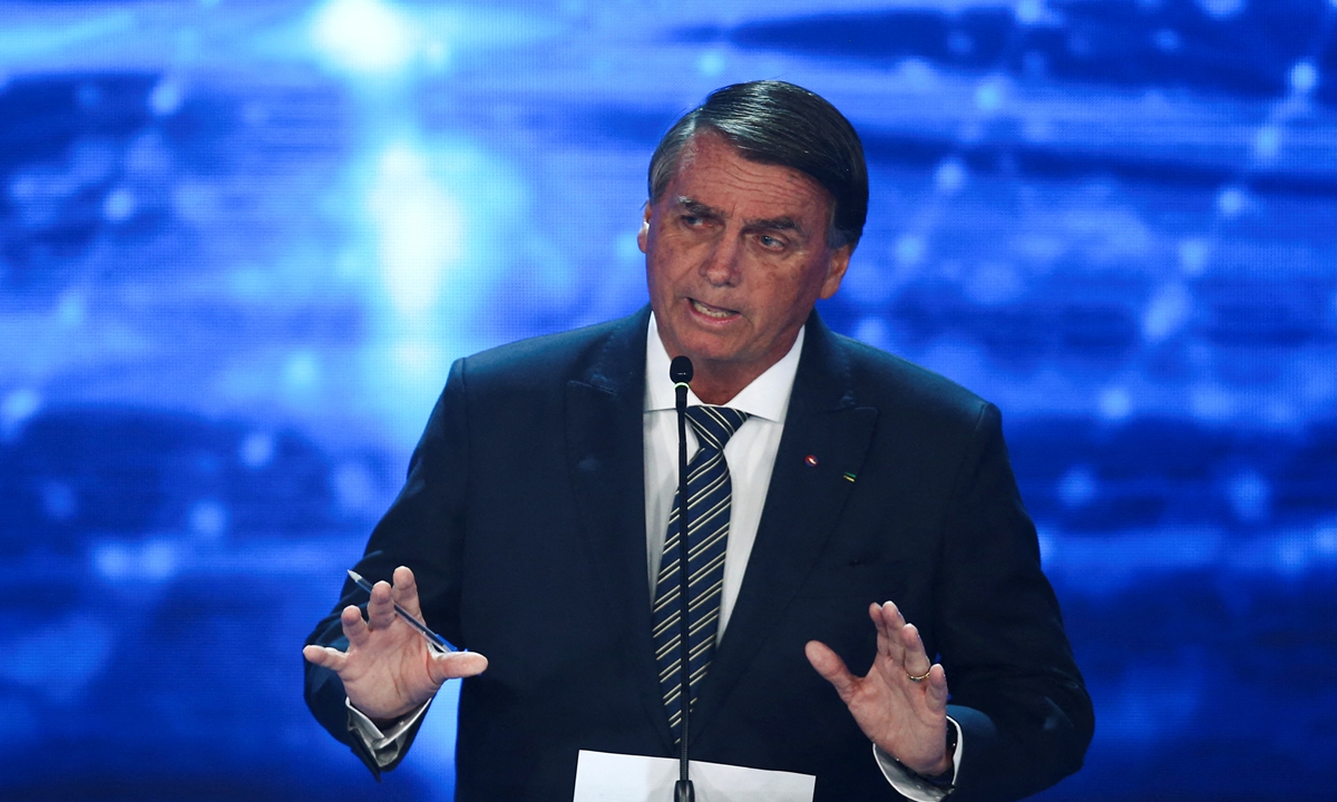 Brazil's President Jair Bolsonaro, presidential candidate of the Liberal Party (PL), speaks during the first Presidential Debate ahead of the national election, in Sao Paulo, Brazil, August 28, 2022. Photo: IC