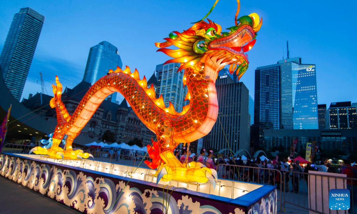 A giant dragon lantern is seen during the Toronto Dragon Festival at Nathan Phillips Square in Toronto, Canada, Sep 2, 2022. Photo:Xinhua