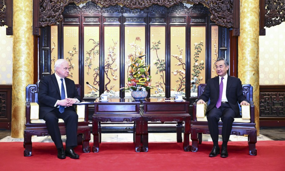 Chinese State Councilor and Foreign Minister Wang Yi meets with Andrey Denisov, the outgoing Russian Ambassador to China, in Beijing, capital of China, Sep 2, 2022. Photo:Xinhua