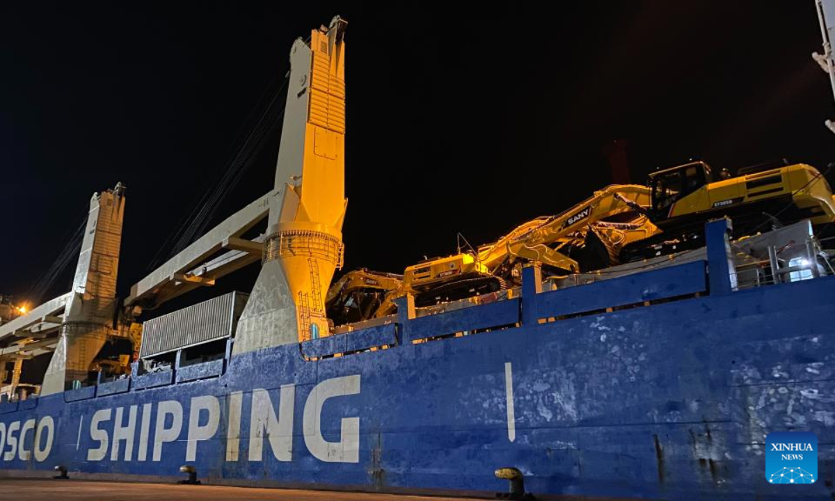 A vessel, loaded with a high-speed electric passenger train and an inspection train for the Jakarta-Bandung High-Speed Railway (HSR) project, is seen at Tanjung Priok Port in Jakarta, Indonesia on Sep 1, 2022. Photo:Xinhua