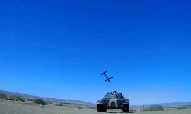 A promotional video released by China Aerospace Science and Technology Corporation on September 8, 2022 shows what seems to be an FH-901 suicide drone attacking a tank. Photo: Screenshot from the video