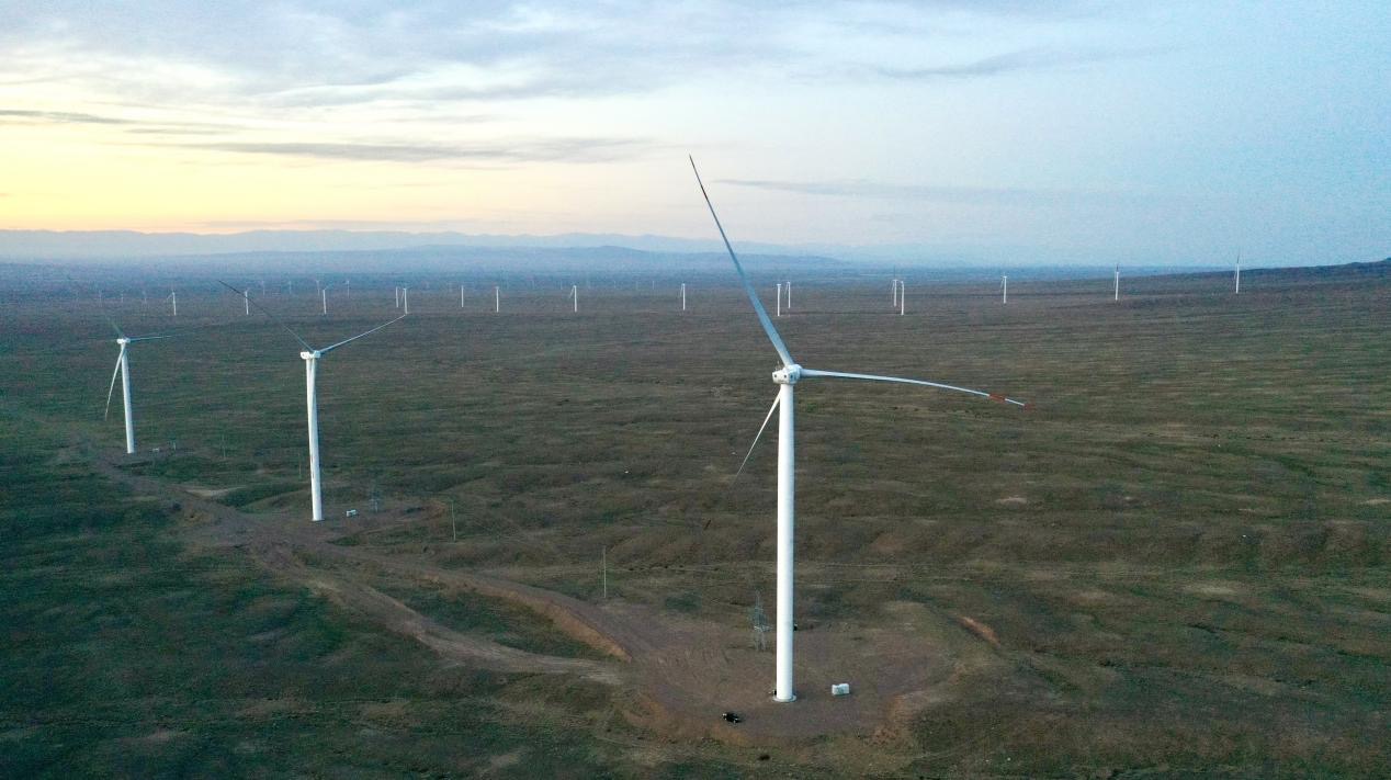 Shelek wind farm, the first new energy project jointly built by China and Kazakhstan with a generating capacity of 60 megawatts, starts operation on September 13, 2022. Photo: Courtesy of Chengdu Engineering Corporation Limited.