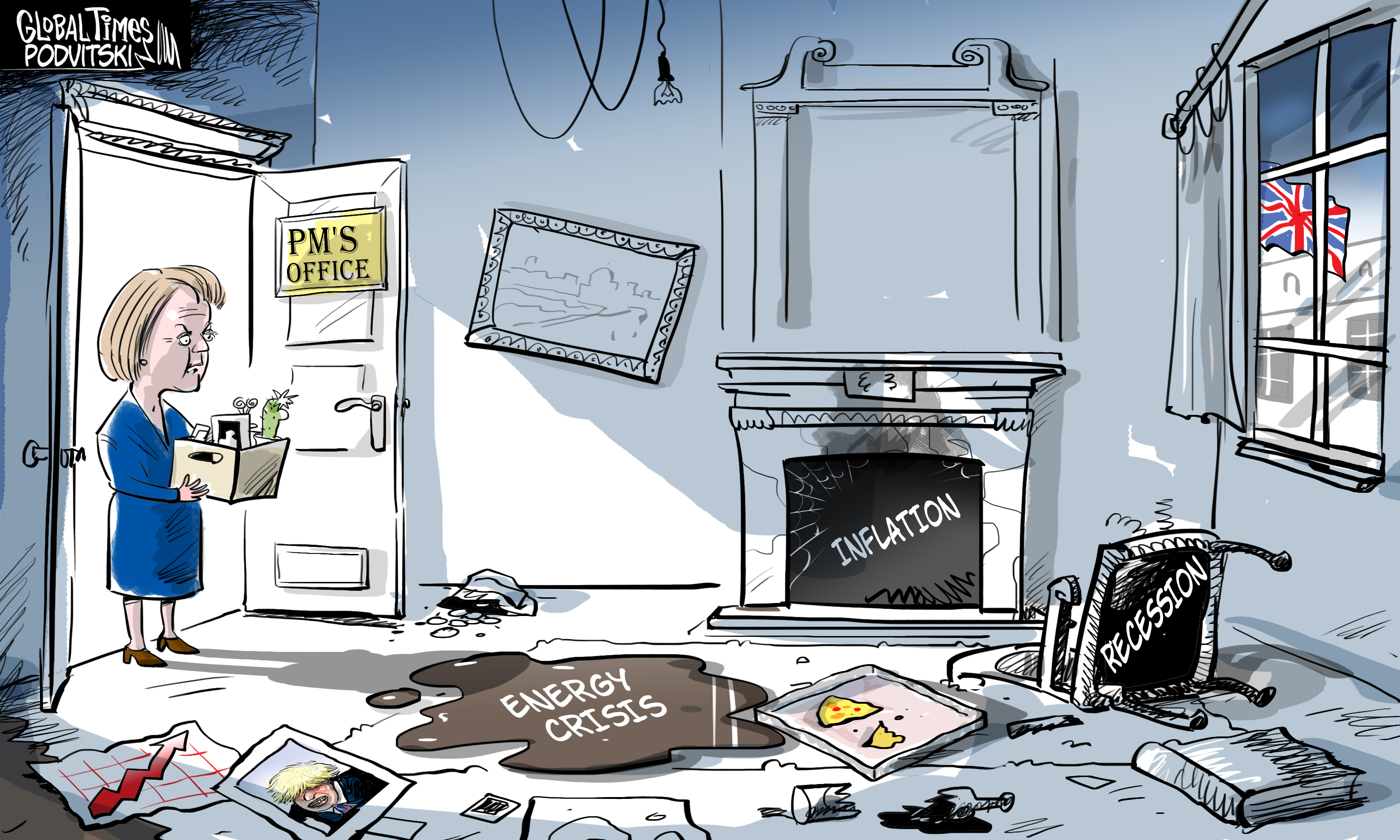 UK's new PM Liz Truss is inheriting a big mess. Cartoon: Vitaly Podvitski