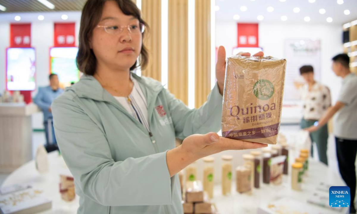 A staff member shows a quinoa product at a quinoa industrial park in Jingle County, north China's Shanxi Province, Sep 15, 2022. More than 50,000 Mu (about 3,333 hectares) of quinoa greets busy harvest in Jingle County. Photo:Xinhua