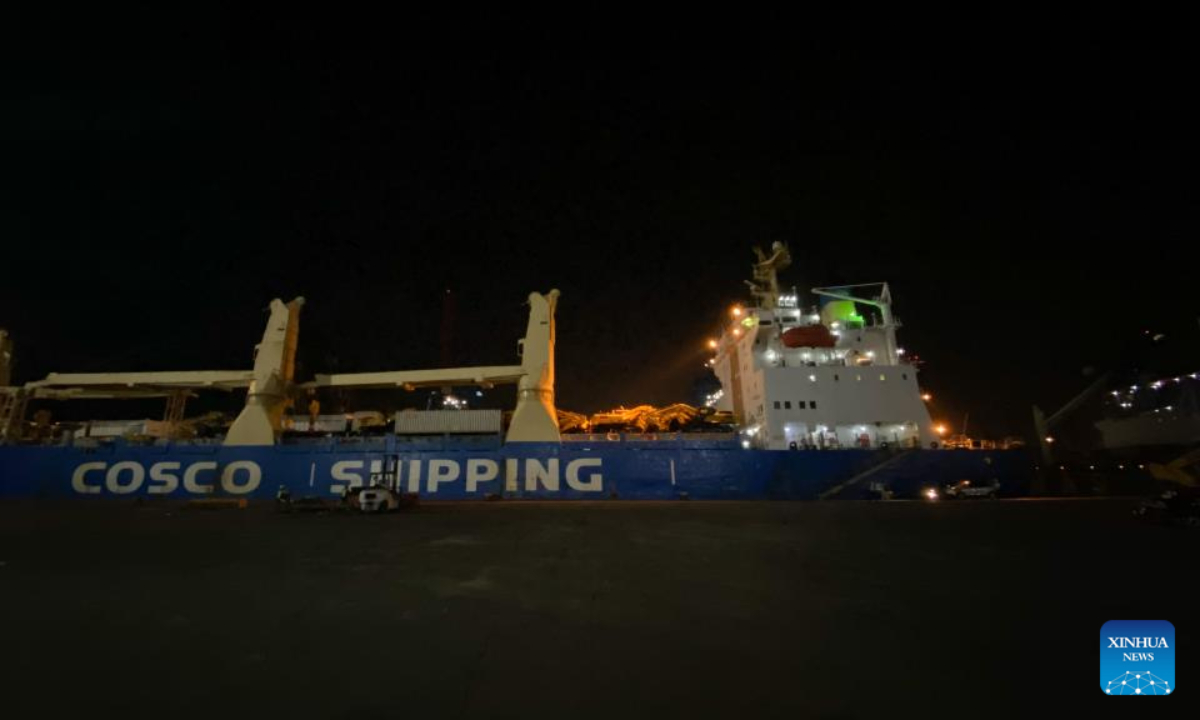 A vessel, loaded with a high-speed electric passenger train and an inspection train for the Jakarta-Bandung High-Speed Railway (HSR) project, is seen at Tanjung Priok Port in Jakarta, Indonesia on Sep 1, 2022. Photo:Xinhua