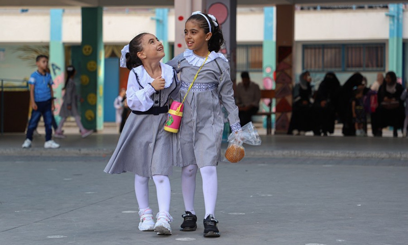 Palestinian students attend school on the first day of the new school year in Gaza City, on Aug. 29, 2022.(Photo: Xinhua)
